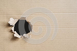 Torn corrugated box. Box with hole for copy space.