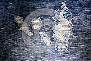 Torn Denim blue jeans, Close up & Macro shot, Abstract textile texture background