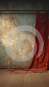 Torn, dirty theater red curtain against crumbling plaster wall backdrop