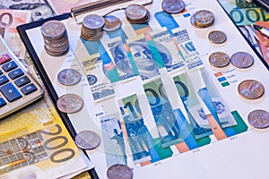 Torn dollar and euros bills