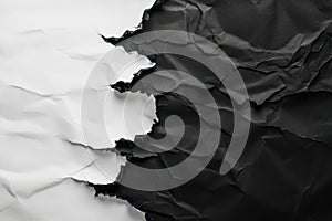 Torn edge between black and white paper, top view