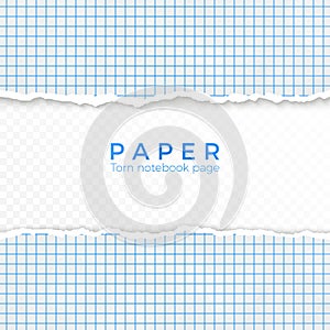 Torn Edge of Blue Squared Paper. Torn Piece of Squared Paper from Notebook. Blank Page Isolated on Transparent Background. Vector