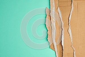 Torn edges of corrugated brown cardboard paper on a green background