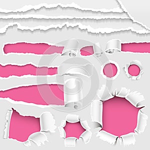 Torn edges hole lacerated ragged paper edge and crack realistic 3d style vector illustration collection