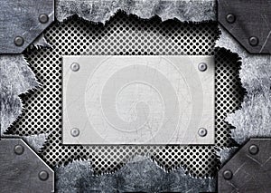 Torn hole in metal, steel mesh plate, 3d, illustration