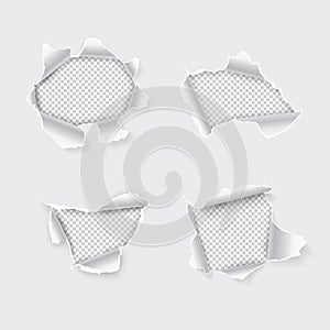 Torn hole set in paper on transparent background. Vector illustration