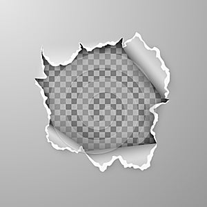 Torn hole in sheet of gray paper on transparent background with space for text. Vector illustration