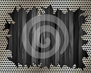 Torn metal grille on a wooden background 2