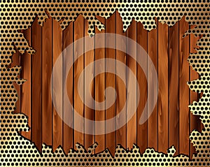 Torn metal grille on a wooden background