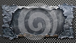 A torn metal sheet with a grungy texture and a broken steel plate, isolated on transparent background. Modern realistic