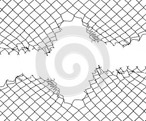 Torn metal wire mesh. Illustration of chain link fence with hole isolated on white background. Prison barrier, secured property.