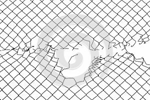 Torn metal wire mesh. Illustration of chain link fence with hole isolated on white background. Prison barrier, secured property.