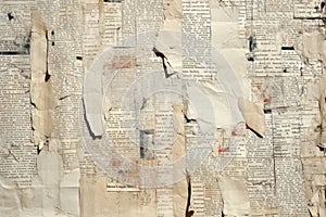 Torn newspaper pieces patched together creating textured background. Weathered magazine scraps with overlapping layers and text