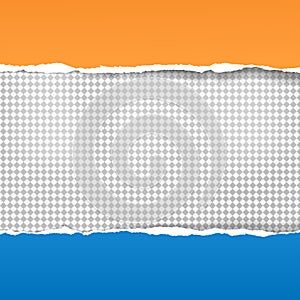 Torn, orange, blue and horizontal paper strips with soft shadow are on white squared background. Vector illustration