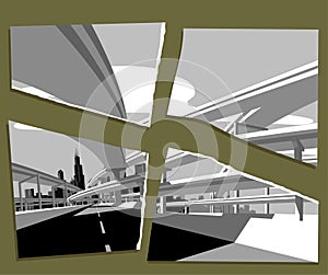 Torn paper card with an image of Highway overpass and city skyline in sun light photo