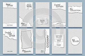 Torn paper stories template. Paper scraps social media story posts branding, minimal trends photo frames templates