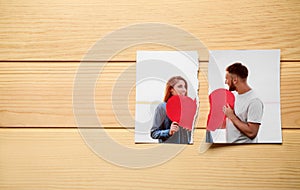 Torn photo of happy couple on wooden background. Concept of divorce