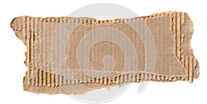 Torn piece of cardboard. Blank paper piece for message, reminder, sign, tag, label. Corrugated ripped cardboard empty background