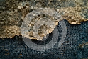 A torn piece of fabric with a brown and blue background. Grunge texture, overlay texture.