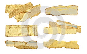 Torn piece of paper with light shadow on white background. Gold and bronze color