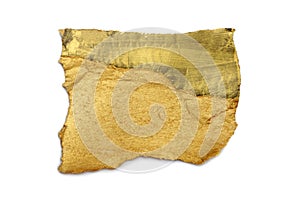 Torn piece of paper with light shadow on white background. Gold and bronze color