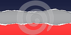 Torn, ripped dark blue and red paper strips with soft shadow are on darl grey background for text. Vector illustration