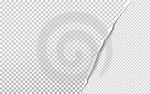 Torn, ripped piece of grey and white squared paper with soft shadow. Background for text. Vector illustration