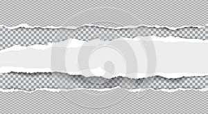 Torn, ripped, white and stright paper strips with soft shadow are on squared background. Vector template illustration photo