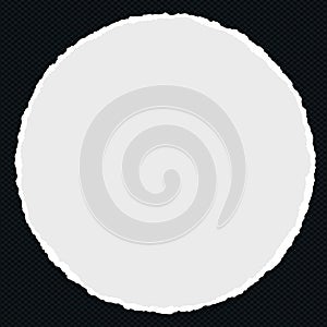 Torn round white blank note, notebook paper stuck on black squared background.