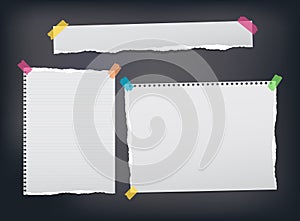 Torn ruled, note, notebook, copybook paper strips, sheets stuck with colorful sticky tape on black background.