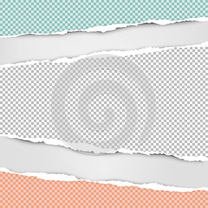 Torn squared white, green, pink horizontal paper strips are on grey background with space for text. Vector illustration