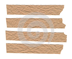 Torn strips of crumpled brown kraft paper isolated on white background