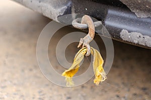 Torn tow rope on towing loop.