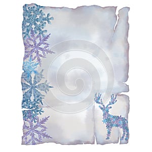 Torn Vintage Paper Page Decorated with Snowflake Band and a Deer Silhouette.