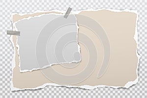 Torn of white, beige note, notebook paper pieces stuck with sticky tape on squared, transparent background. Vector