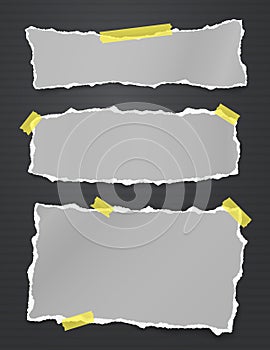 Torn white and blue note, notebook paper strips and pieces stuck on grey background. Vector illustration