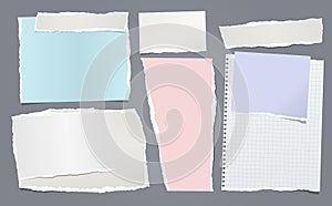 Torn white and colorful note, notebook paper pieces stuck on dark blue background. Vector illustration