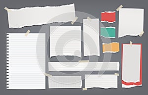 Torn white, colorful note, notebook paper strips and pieces stuck with sticky tape on dark grey background. Vector