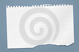 Torn of white horizontal and lined note, notebook paper piece stuck on blue background. Vector illustration