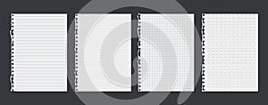 Torn of white lined, math note, notebook paper are on dark grey background for text, advertising or design. Vector