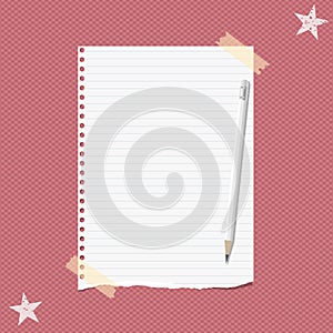 Torn white lined note, notebook paper sheet for text with pencil, stuck on squared red background with stars on corners