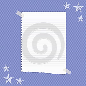 Torn white lined note, notebook paper sheet for text, stuck on squared blue background with stars on corners. Vector