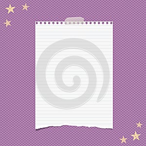 Torn white lined note, notebook paper sheet for text, stuck on squared violet background with stars on corners. Vector