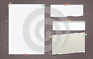 Torn white lined note paper pieces, notebook sheet for text stuck on brown background. Vector illustration.