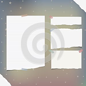 Torn white lined note paper pieces, notebook sheet for text stuck on colorful background with stars pattern. Vector