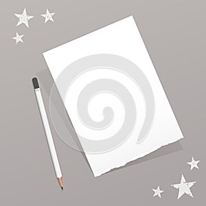 Torn white note, notebook, copybook paper sheet with pencil and stars on gray background.