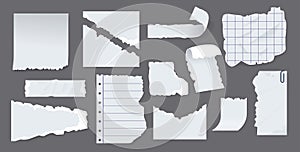 Torn White Paper Scraps With Ragged Edges, Perforated Textures, And Lined Crumples. Isolated Realistic Notebook Shreds