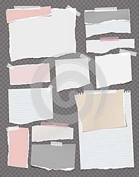 Torn of white, pink note, notebook paper strips, pieces stuck with sticky tape on black squared background. Vector