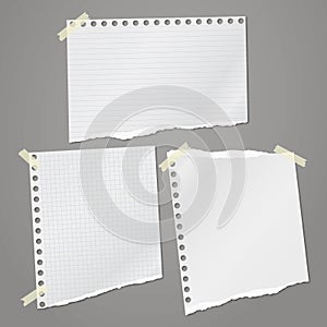 Torn white, squared and lined note, notebook paper pieces stuck with sticky tape on dark grey background. Vector illustration