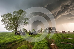 tornado barreling toward farmhouse, with stormchaser in pursuit